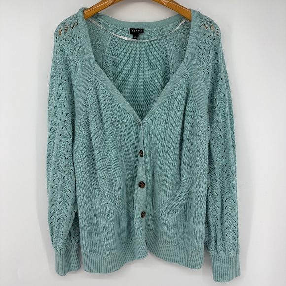 Torrid Pointelle Cardigan Balloon Sleeve Sweater Blue 5X Open Comfy Cozy Holiday - Picture 2 of 12